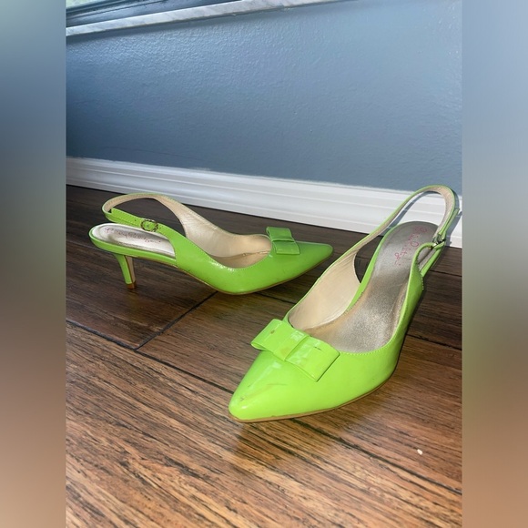 💚 Y2k Slingback heels kitten heels bow heels vintage green pumps patent heel - Picture 4 of 11